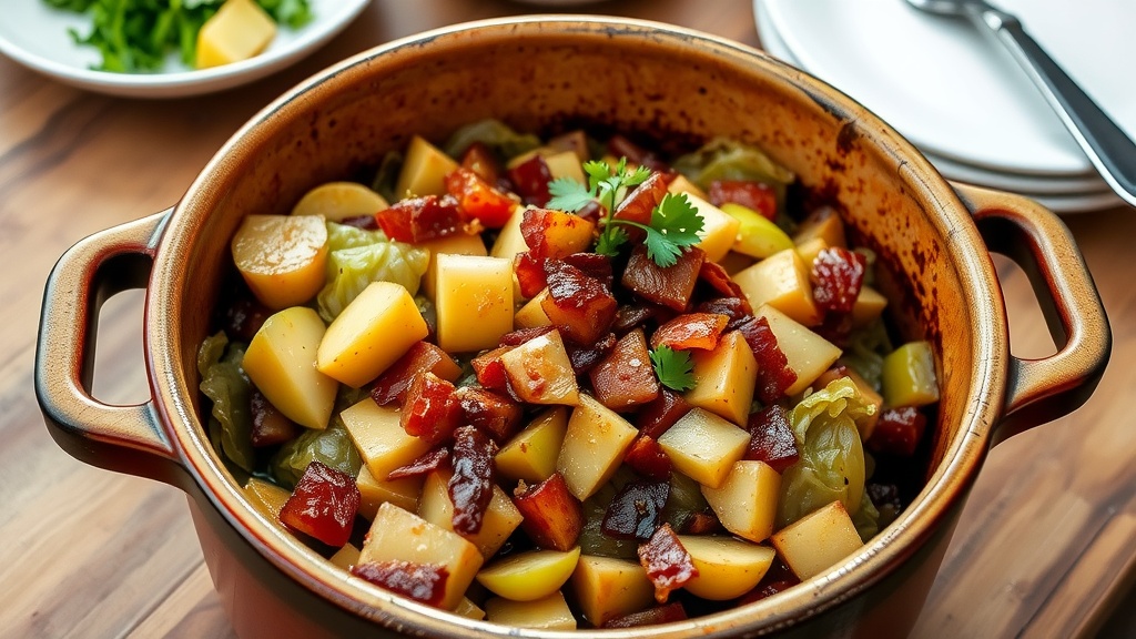 Savory Braised Cabbage with Bacon and Apples A pot of savory braised cabbage with bacon and apples, garnished with parsley, on a rustic wooden table.